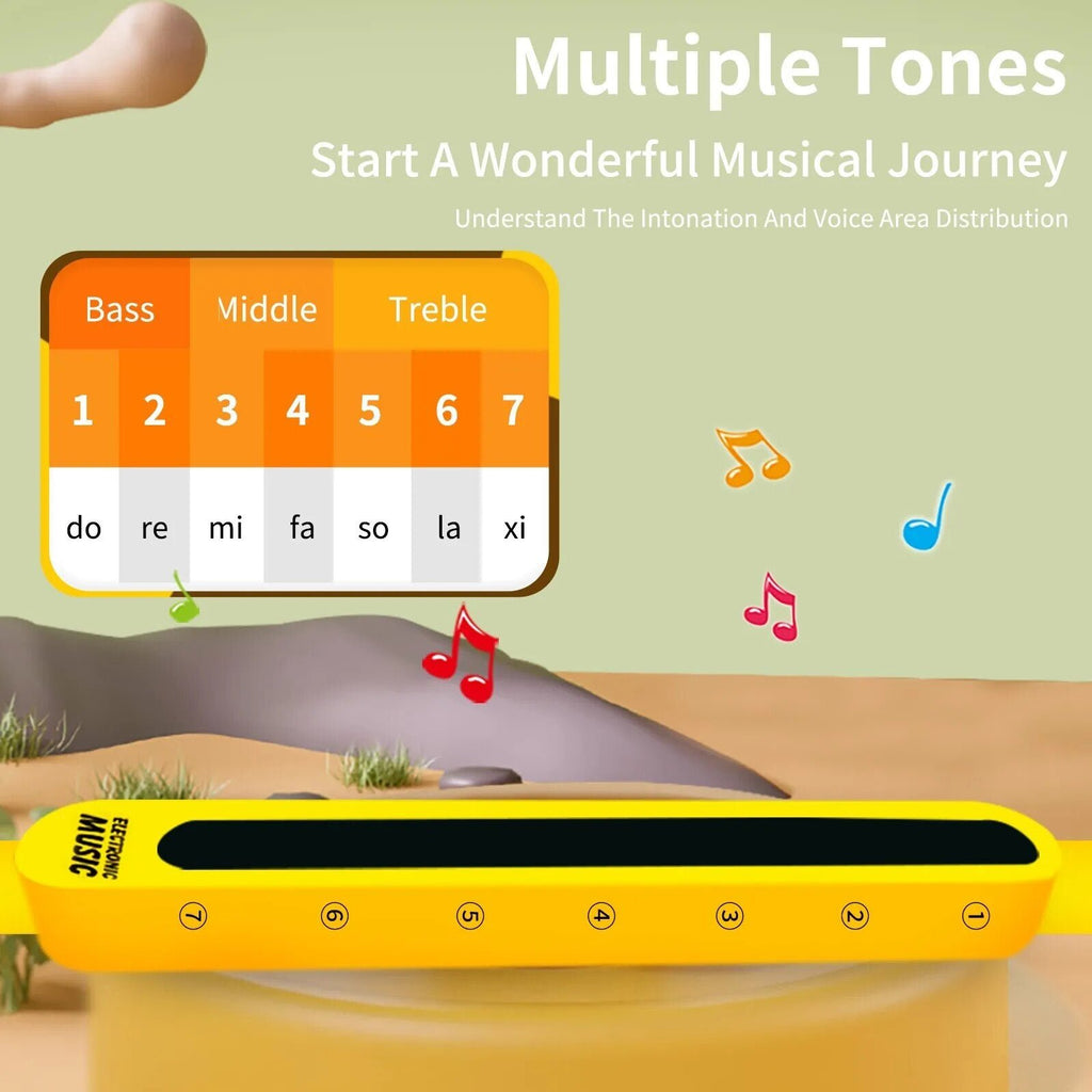 Yellow electronic device with musical scale display on a green background