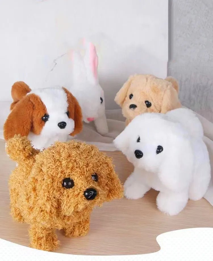 Set of plush toy dogs on a wooden surface with a white background