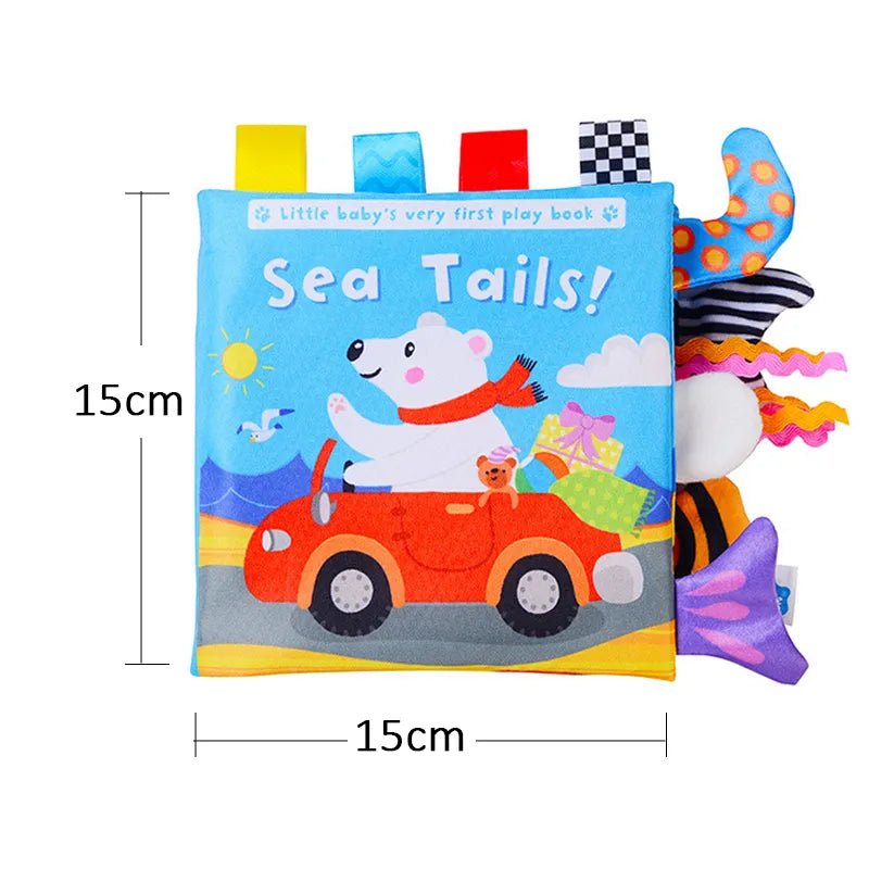 Children's soft book titled 'Sea Tails!' with colorful illustrations and measurements on a white background.