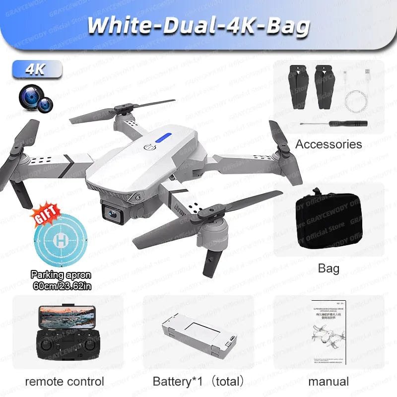 New E88Pro RC Drone - 4K, Dual HD Camera, Foldable RC Helicopter, Kid Gift Toy - White-Dual-4K-Bag image