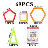 Set of colorful geometric shape building toys with packaging on a white background