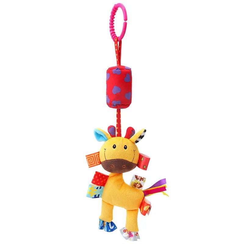 Colorful giraffe-shaped baby toy with a red hanging element on a white background