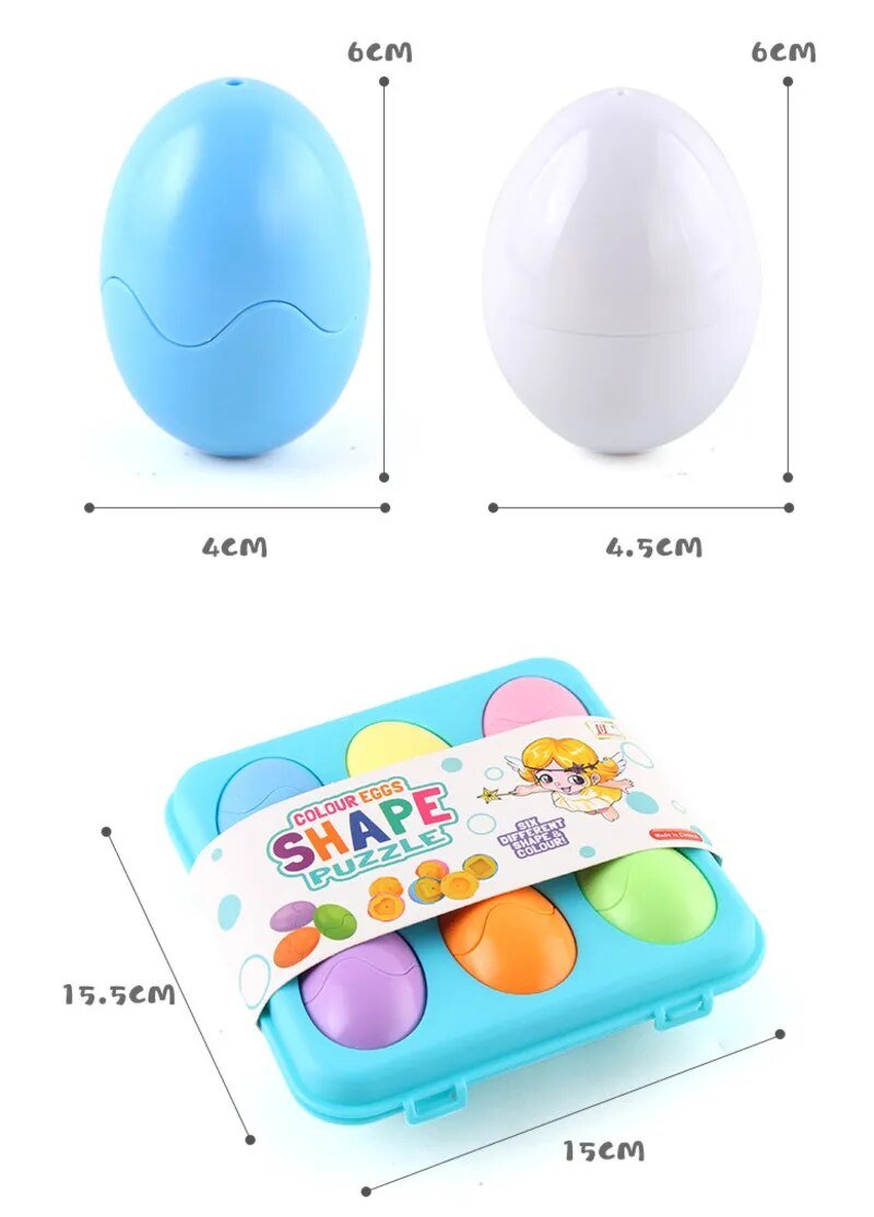 Baby Smart Eggs Montessori shape puzzle egg set with measurement chart for checking toy size before buying.