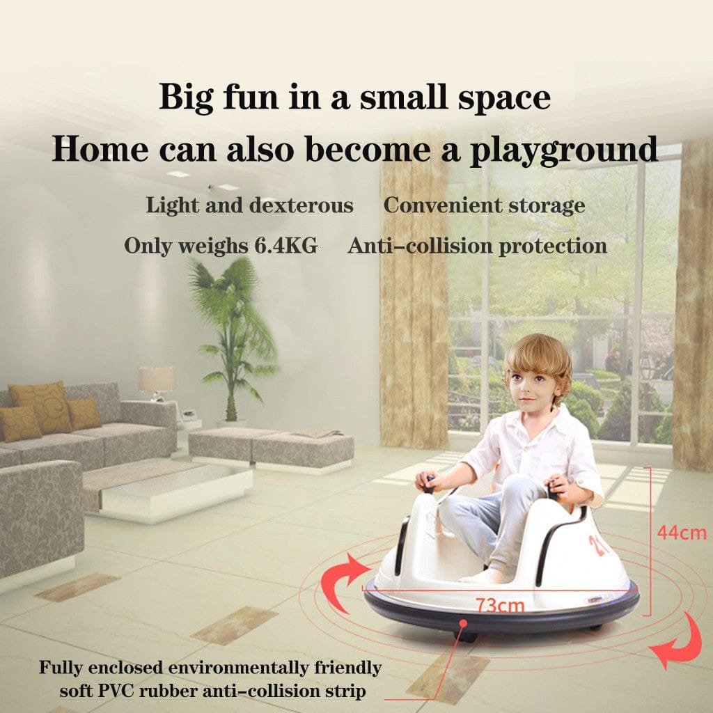 Indoor toddler bumper car with LED lights and remote, feature highlights for safe supervised riding.