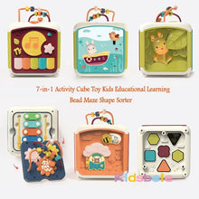 7-in-1 Baby Activity Cube with bead maze and shape sorter for early educational play and fine motor development.