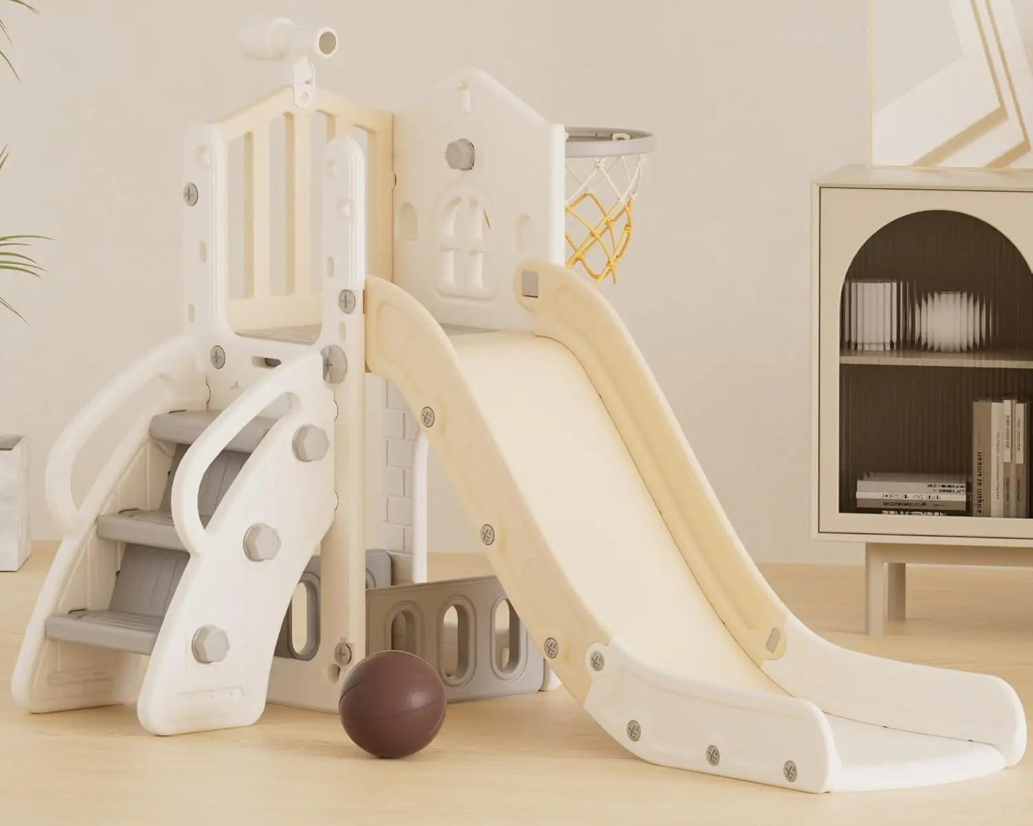 Children's slide and basketball hoop set on a light-colored floor with a neutral background