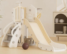 Children's slide and basketball hoop set on a light-colored floor with a neutral background