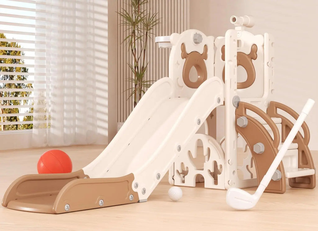 Children's play set with slide and climbing structure on a wooden floor.