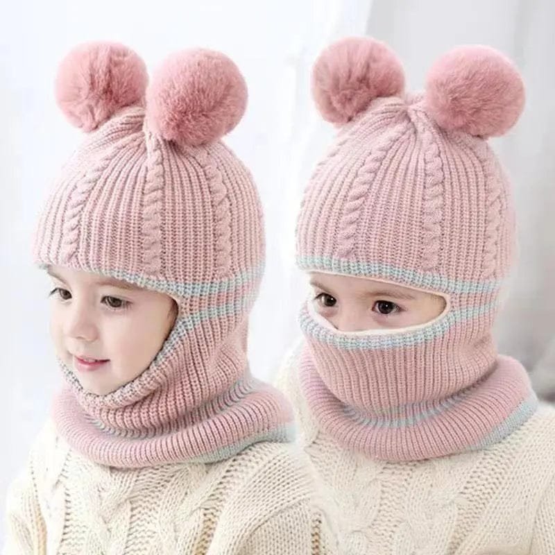 Two images of a child wearing a pink knitted hat and scarf with pom-poms on a white background.