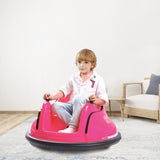 Child playing with a pink bumper car in a living room.