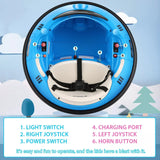 Blue hoverboard with labeled controls against a light blue background