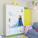 Children's room with a wardrobe featuring Disney Frozen characters and a colorful couch.
