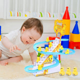 Child playing with a toy track featuring small ducks in a home setting.