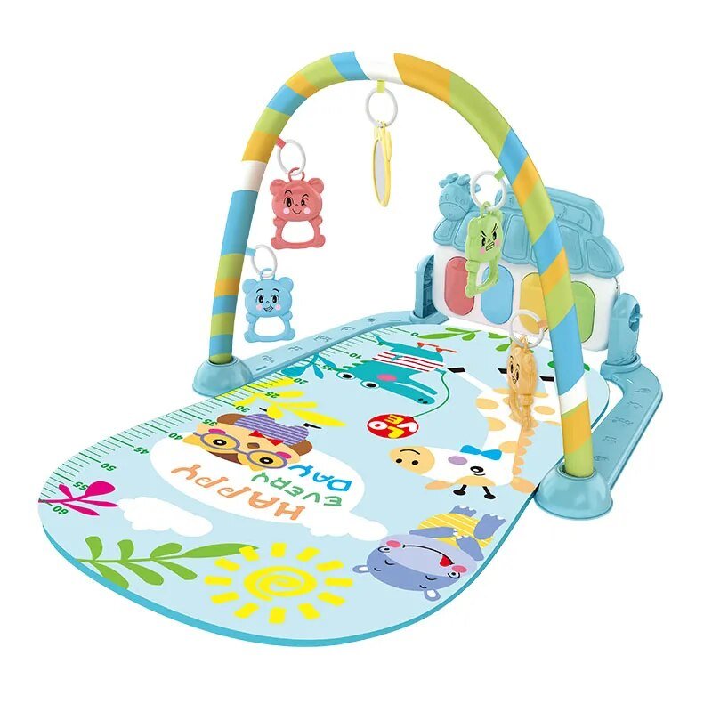 Colorful baby play gym with toys on a white background