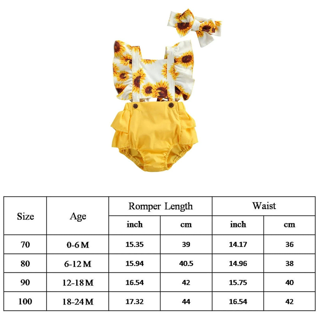 Baby romper with sunflower pattern and matching headband on a white background