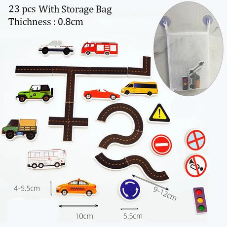 Toy road set with cars, traffic signs, and storage bag on a white background