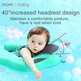 Child using a green neck support device with text about increased headrest design on a blue background.