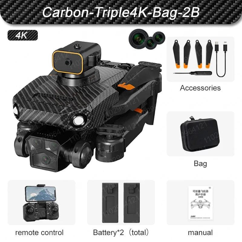 Carbon fiber camera equipment with accessories, remote control, batteries, and manual on a white background.