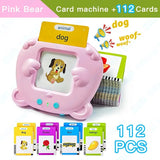 Pink card machine with educational cards and a dog illustration on a white background