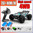 Remote control monster truck with specifications and accessories.