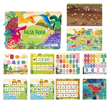 Collection of children's educational books and activities with dinosaur theme