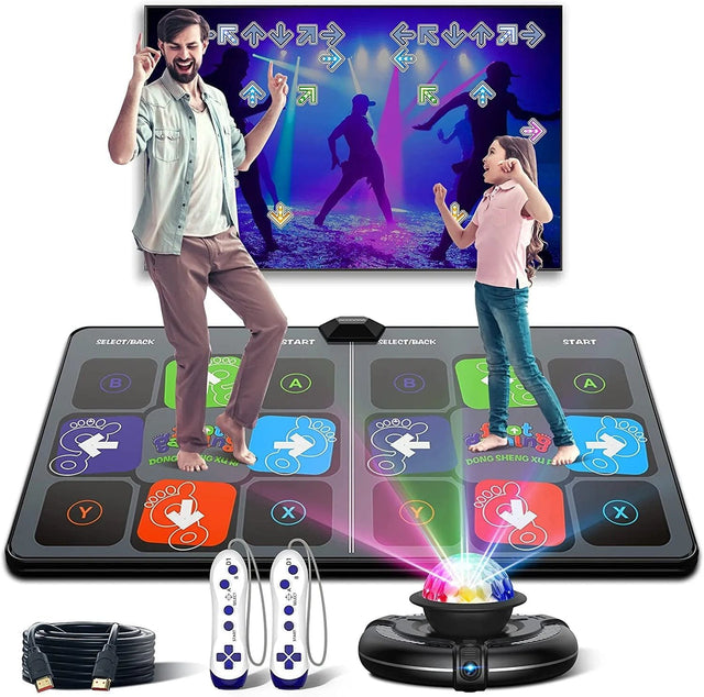 Dance mat with controllers and power cable for interactive dancing, shown with a TV screen displaying a dance game.