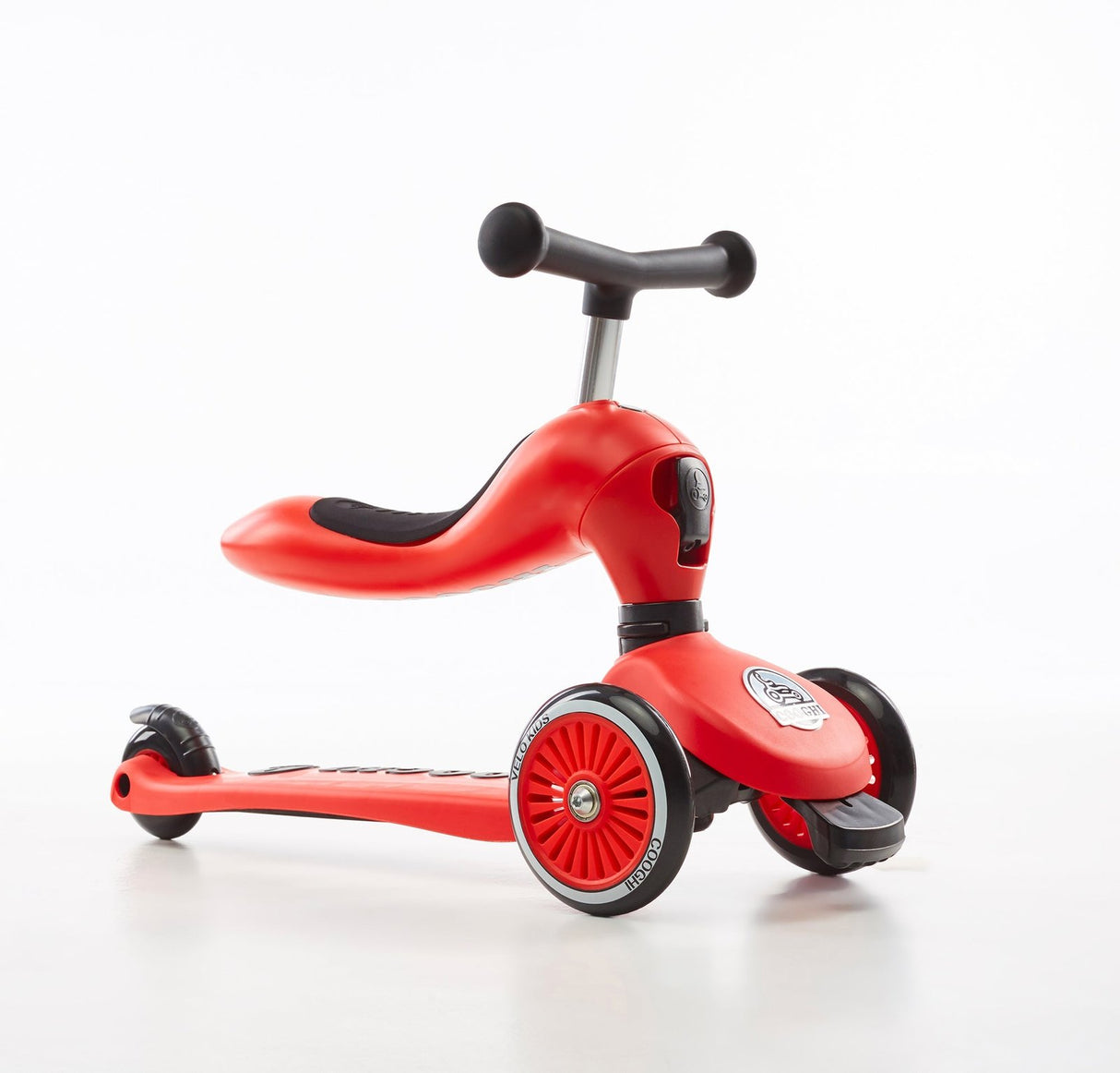 Red scooter with a black handlebar on a white background