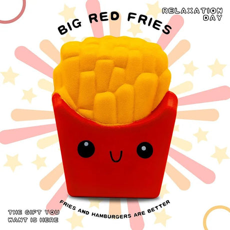 Plush toy resembling a container of fries with a happy face on a colorful background.