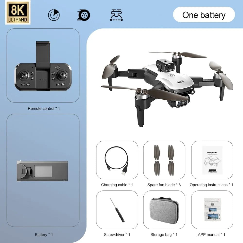 Drone with accessories including remote control, battery, and charging cable on a blue background.