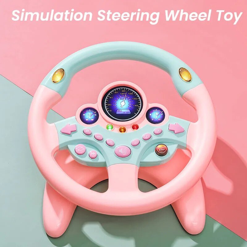 Pink and blue simulation steering wheel toy on a pink and gray background
