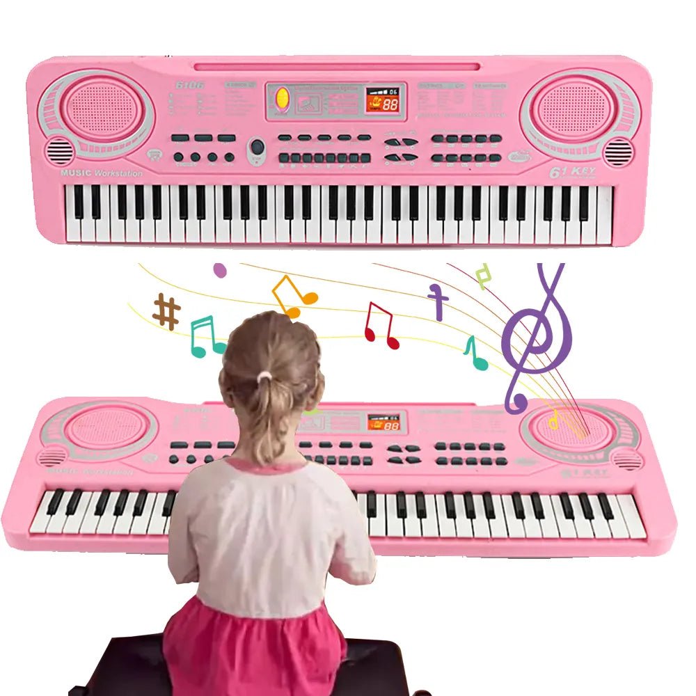 Pink electronic keyboard with a child sitting on it, surrounded by musical notes.