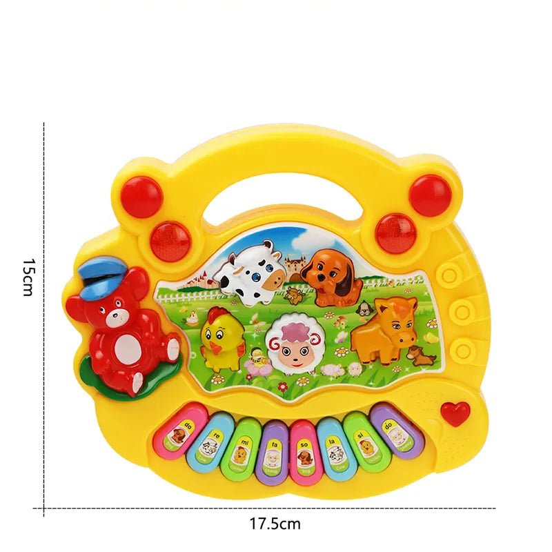 Colorful toy piano with animal illustrations on a white background