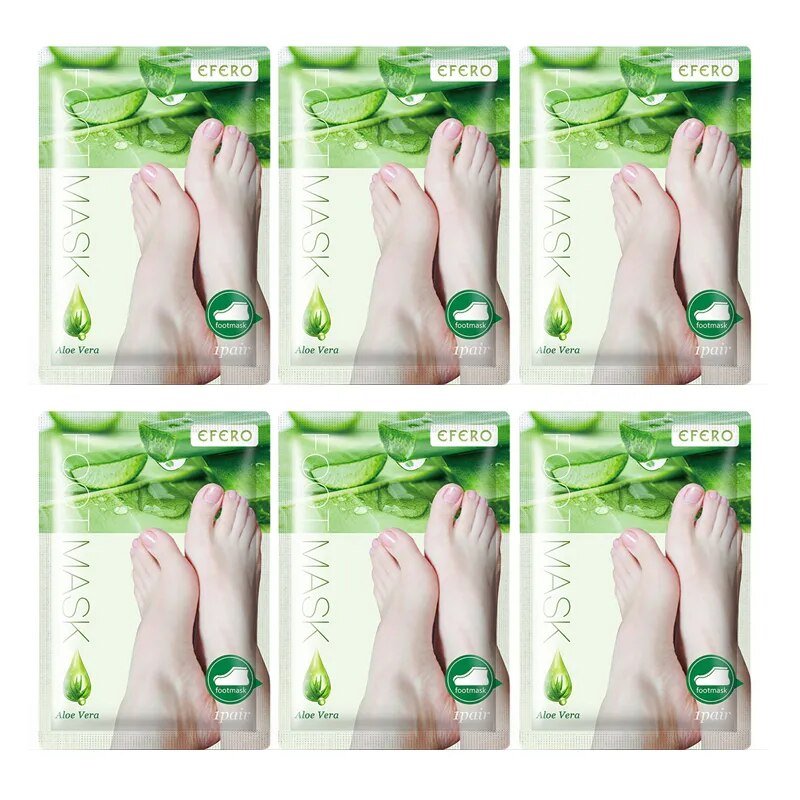 Multiple packages of aloe vera foot mask with images of feet and aloe vera leaves.