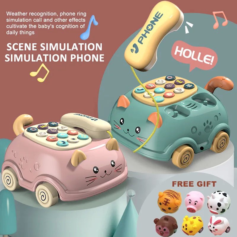 Two toy phones, one pink and one green, with cartoon faces on a colorful background.