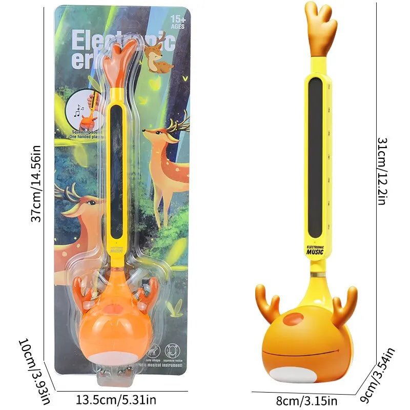 Toy with deer design and packaging featuring measurements