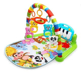 Colorful baby activity gym with various toys on a white background