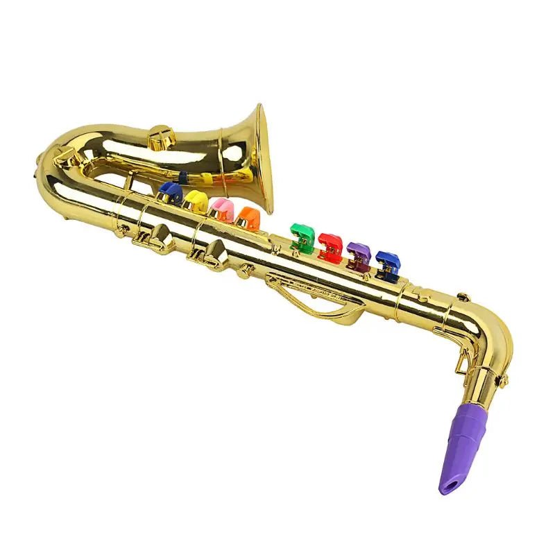 Gold children's saxophone with colored keys on a white background