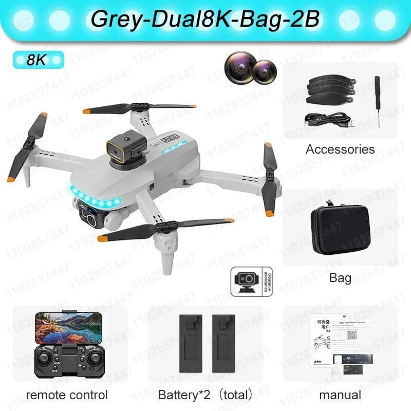 Gray dual 8K drone with accessories, remote control, batteries, and manual on a white background.