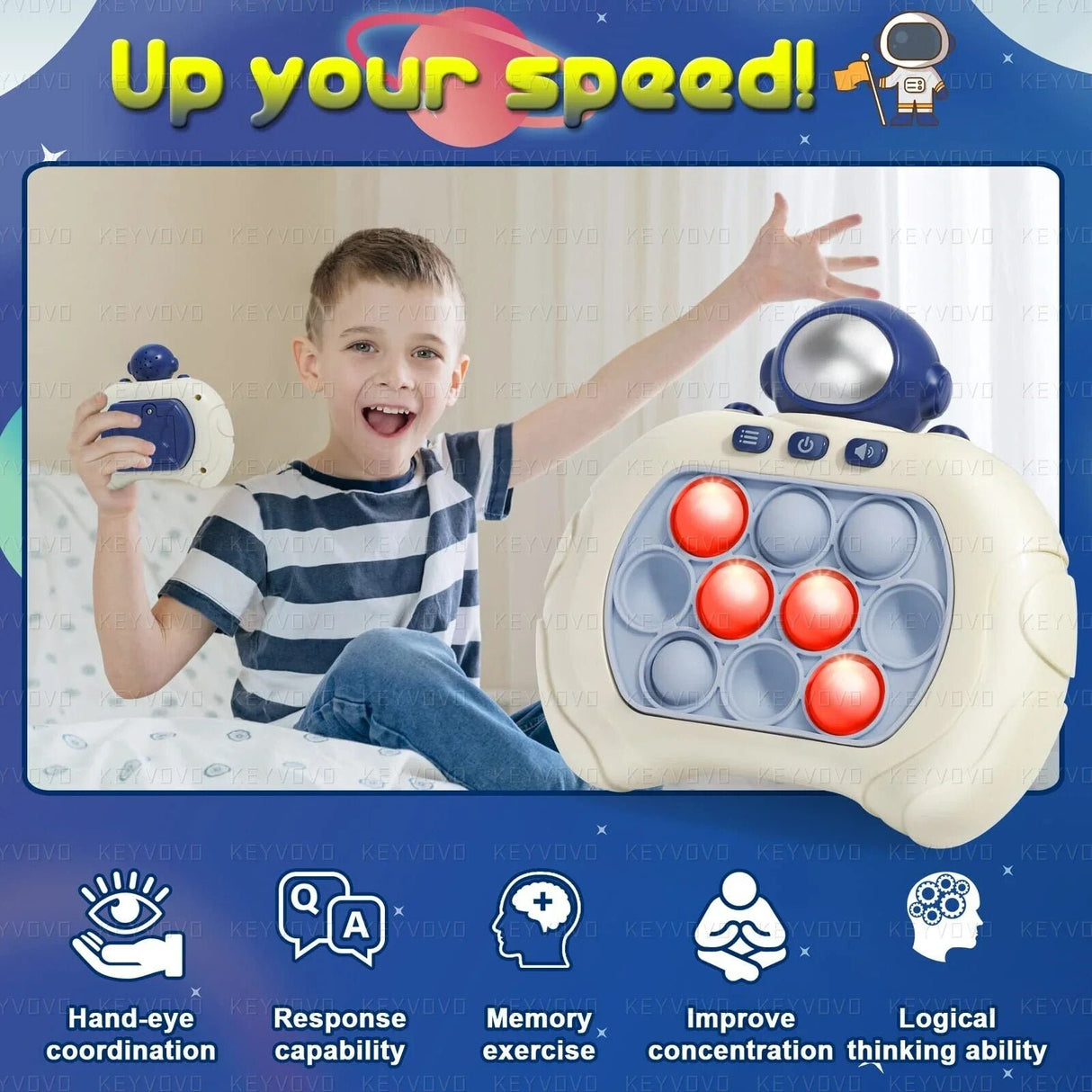 Child playing with a toy that has buttons and a screen, with promotional text 'Up your speed!' at the top.