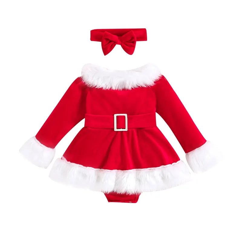 Red Santa outfit with white fur trim on a white background