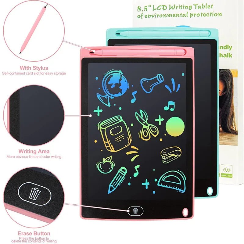 8.5 inch LCD Writing Tablet with stylus, a lightweight drawing pad for car rides, travel, and restaurant waits.