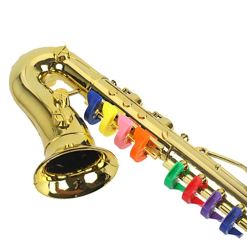 8-Tone Toy Saxophone for kids in gold with colourful keys for music play, party props, and early rhythm learning.