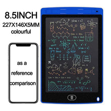 8.5-inch electronic writing pad with mathematical equations on screen, next to a smartphone for size comparison.