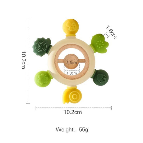 Baby teething ring with measurements and weight on a white background