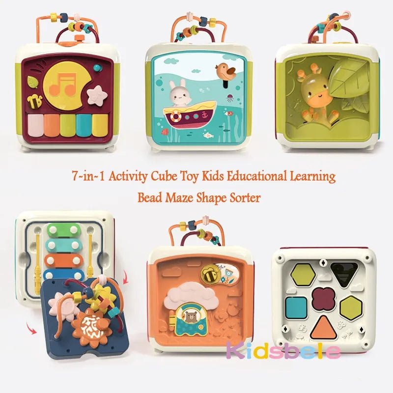 7-in-1 Activity Cube Toy Kids Educational Learning Bead Maze Shape Sorter with colorful design on a white background