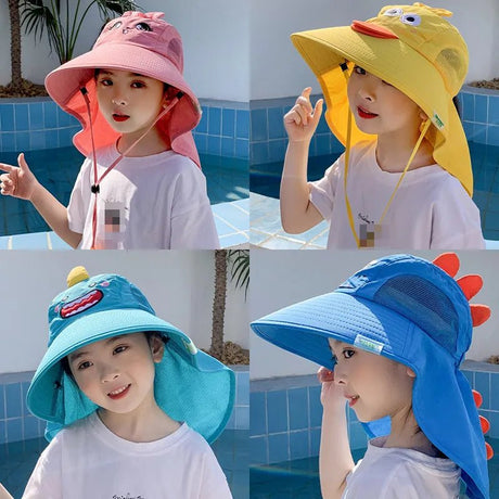 Four children wearing colorful sunhats by a pool.