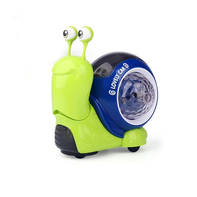 Toy car shaped like a green snail with a blue shell on a white background