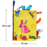 Children's soft book with colorful illustrations and dimensions on a white background