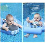 Two images of a baby in an inflatable swimming ring with a seat in a pool.