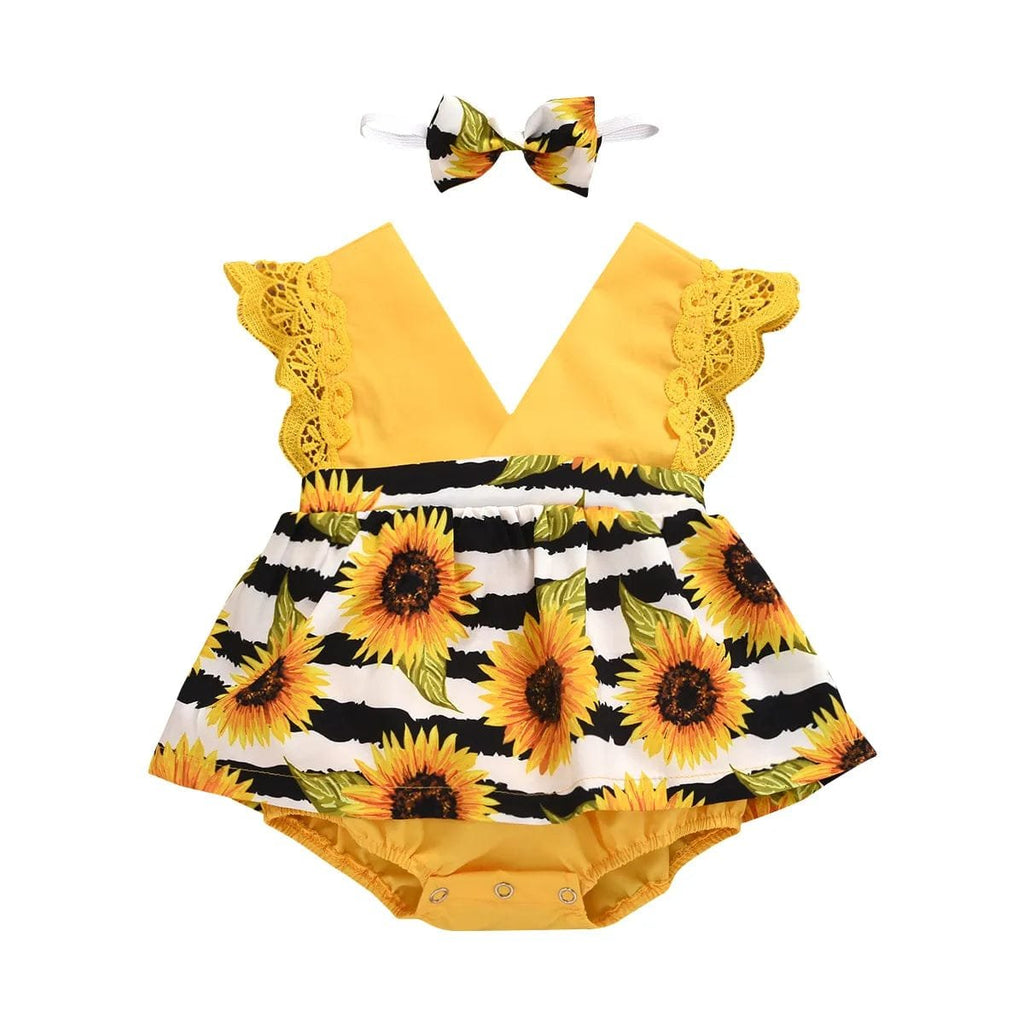 Sunflower-patterned baby romper with yellow lace details and matching headband on a white background